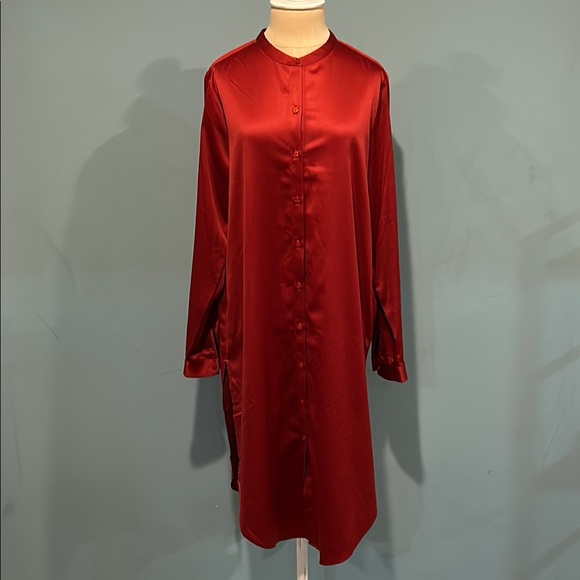 Eileen Fisher Tops - Eileen Fisher Serrano Red Mandarin Collar Button Down Satin Long Tunic Top Small